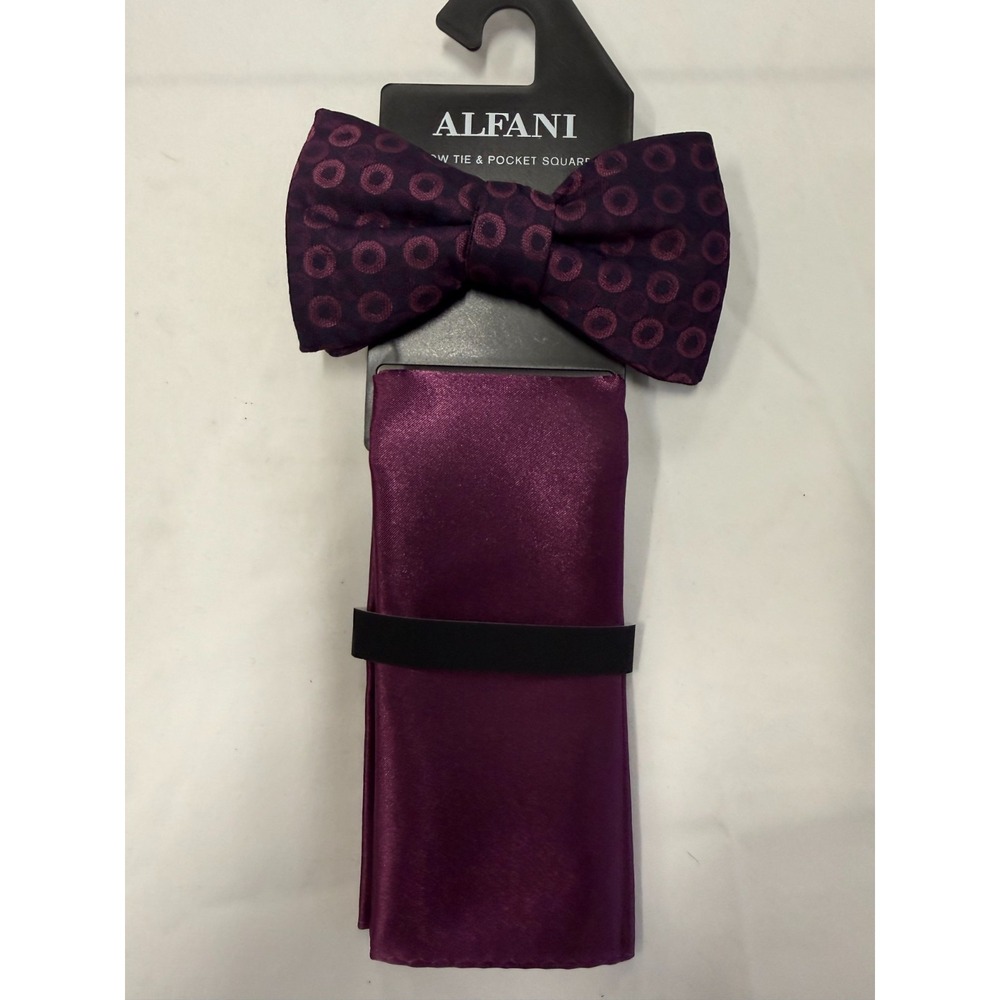 NWT Alfani Bow Tie & Pocket Square Set Purple Plum Dot Pattern Pre-Tied Formal W